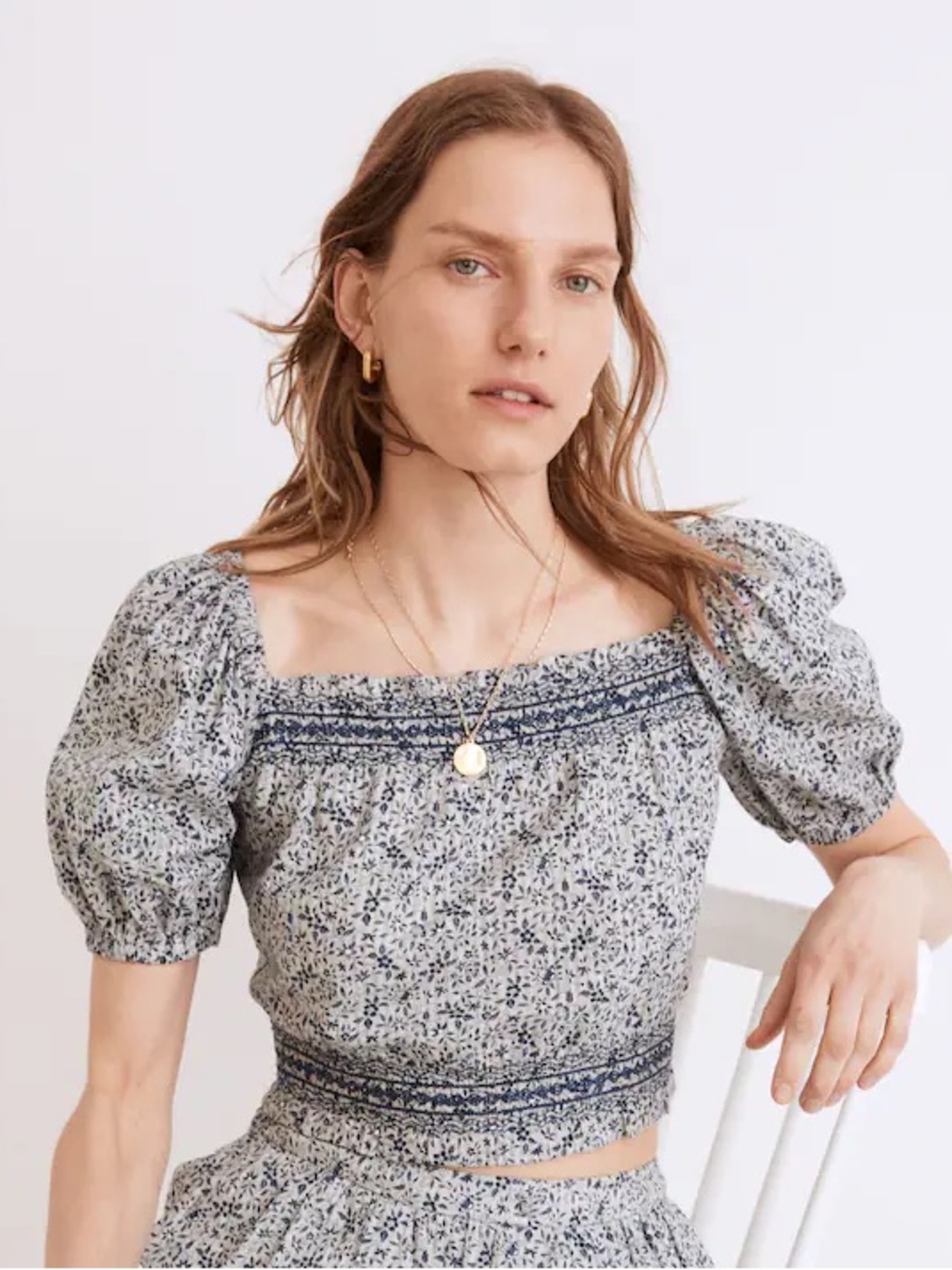 NWT Madewell 4x Jeanette Top Floral Blue Crop Blouse Boho Button Back